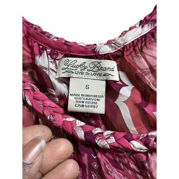 Lucky Brand Womens Peasant Boho Sheer Top Sz S Feather Print Braided Neck - Picture 3 of 12